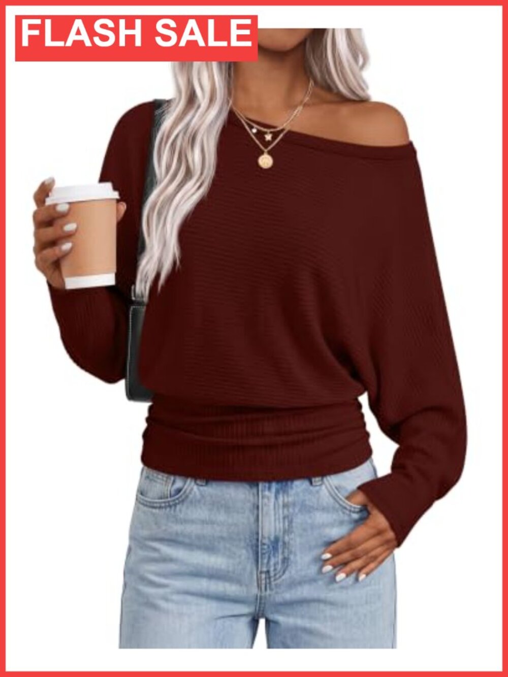 Off Shoulder Ribbed Knit Sweater Slim Fit Bat Wing Long Sleeve Pullover